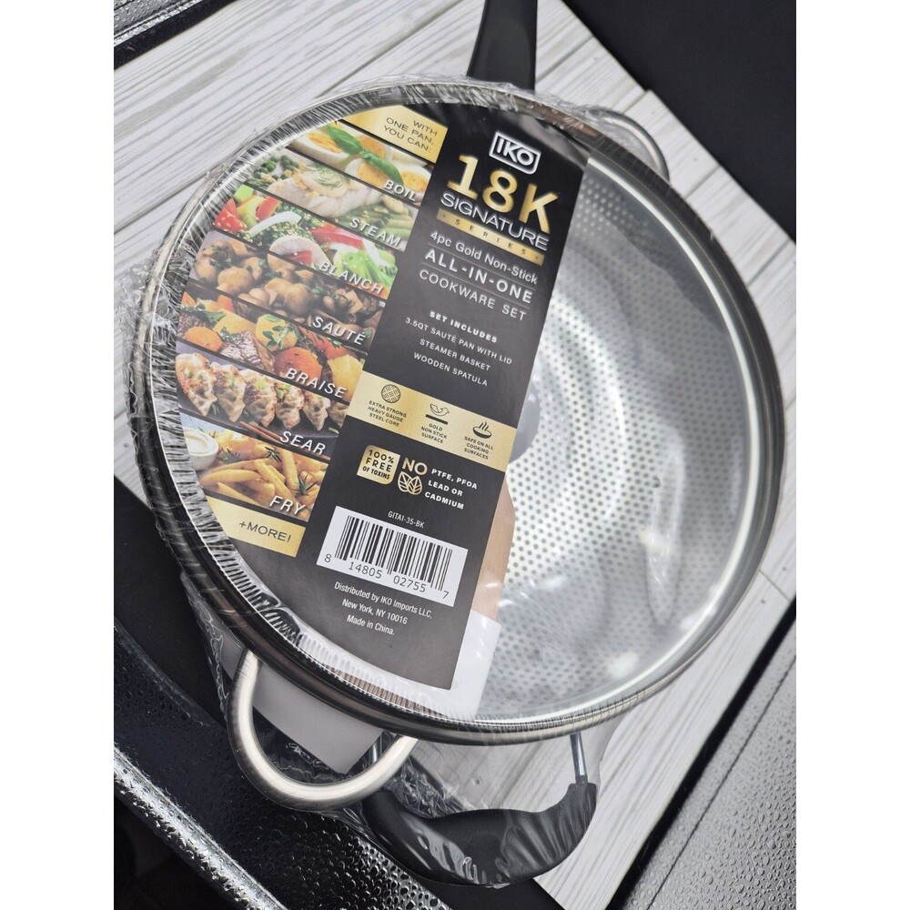 IKO 18K Signature Series 3.5 Qt Sauté Pan with Lid Steam Basket Spatula Set NEW